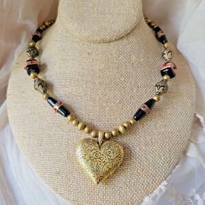 Vintage 80s Art Glass Beaded Necklace Brass Heart Black‎ Red Boho Whimsigoth